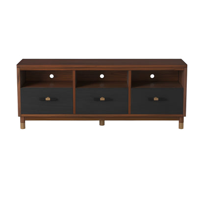 61" Brown and Black Solid Wood Open Shelving TV Stand-0