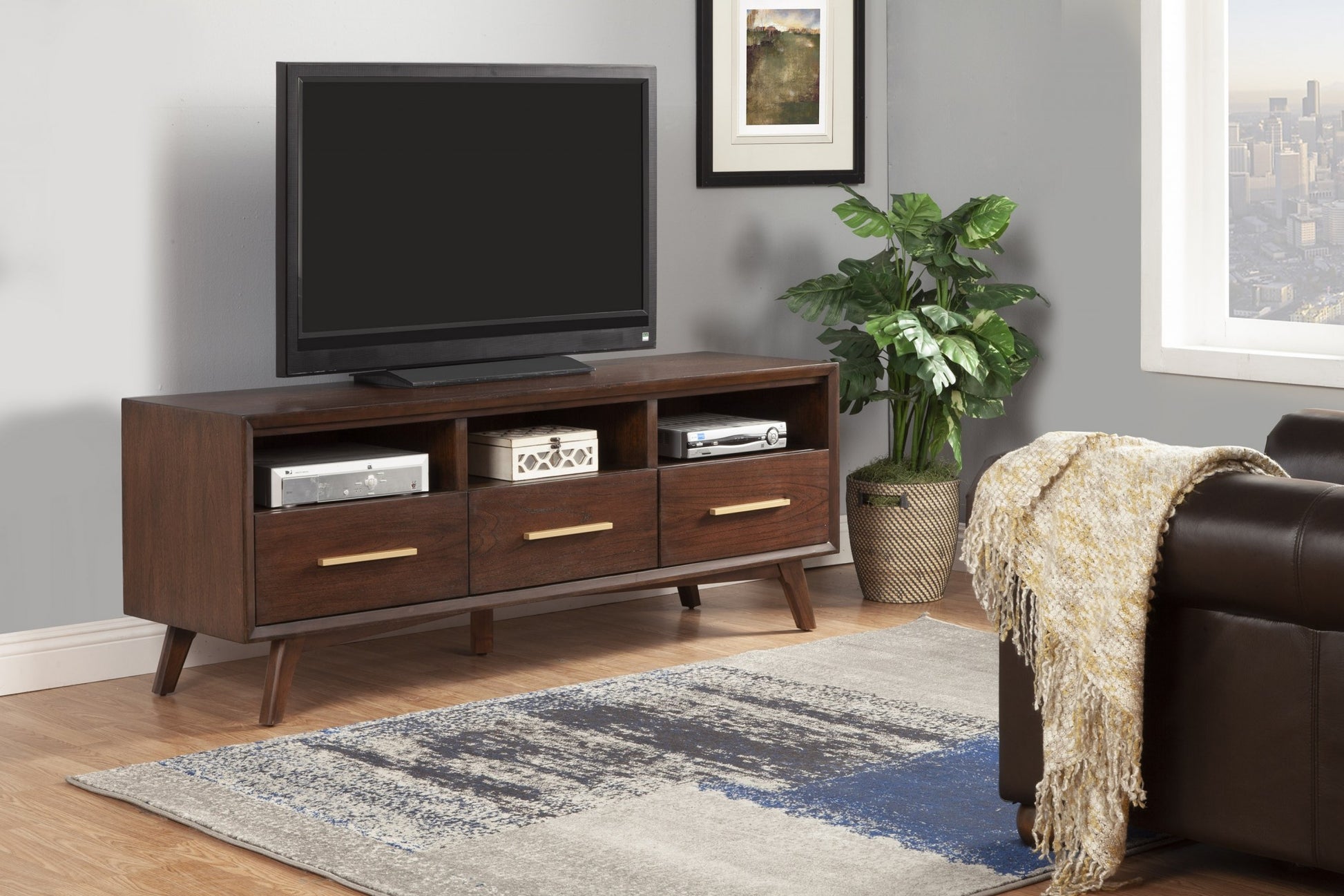 64" Brown Mahogany Solid Wood Open Shelving TV Stand-7