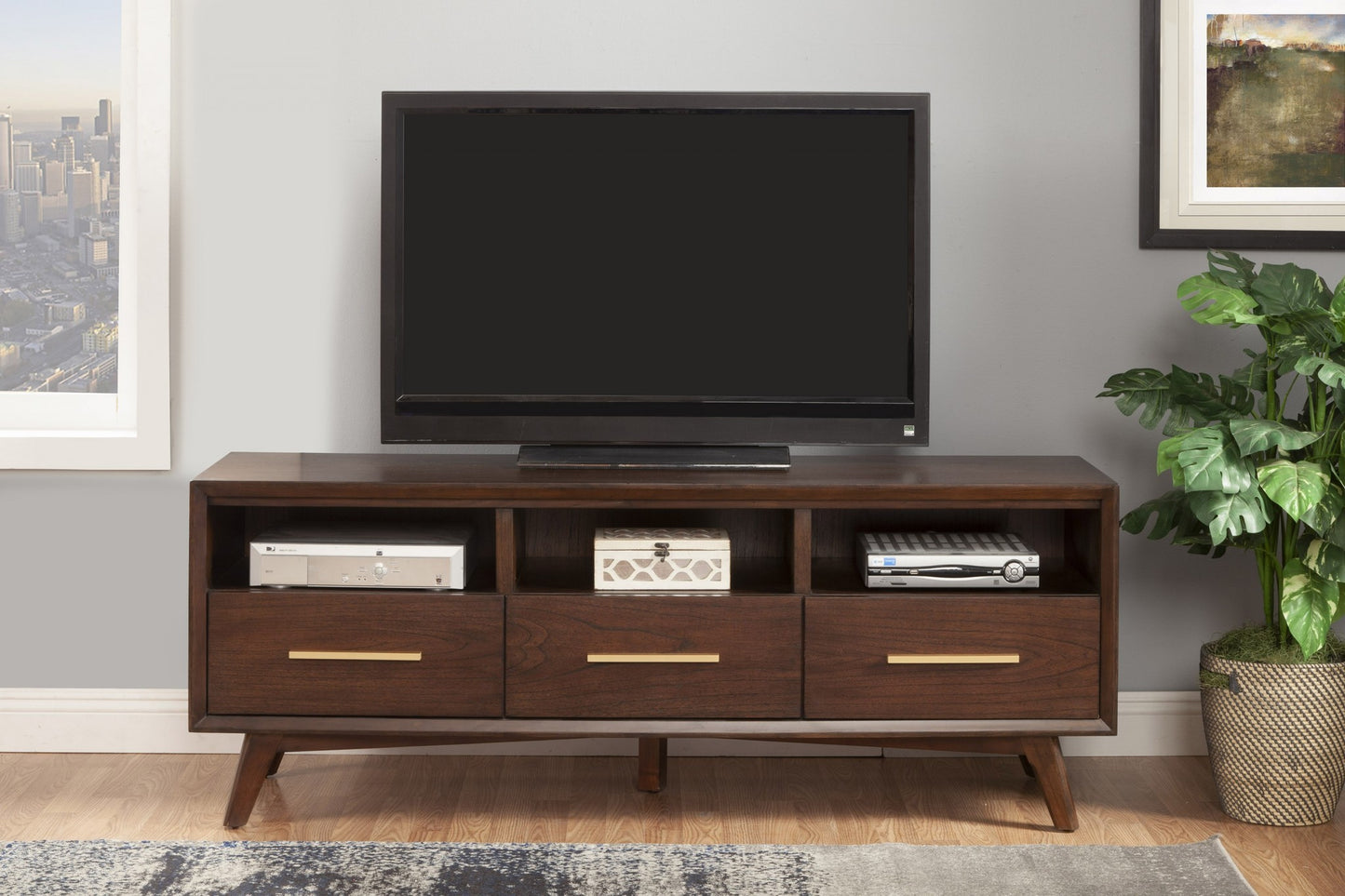 64" Brown Mahogany Solid Wood Open Shelving TV Stand-6