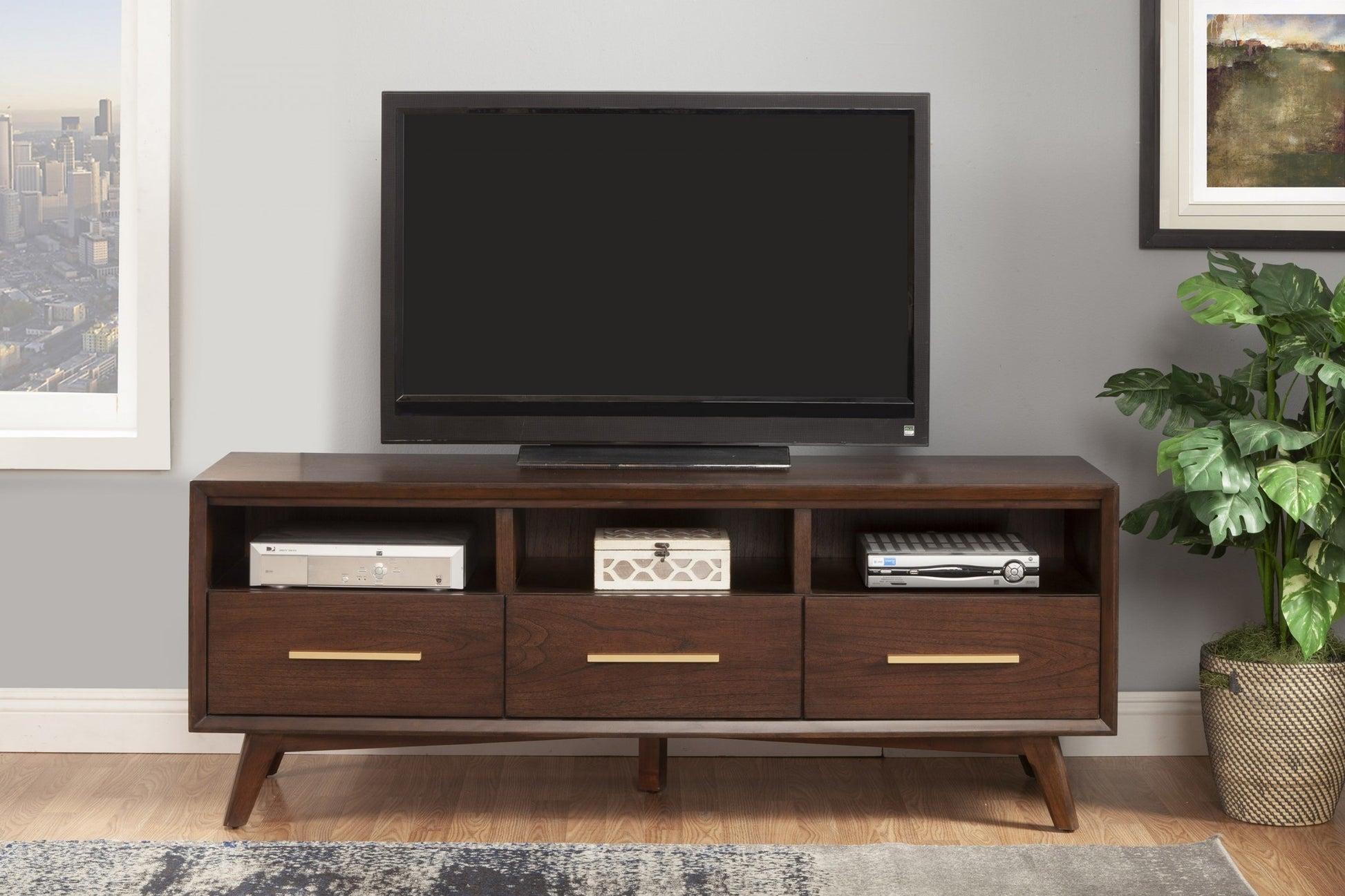 64" Brown Mahogany Solid Wood Open Shelving TV Stand-6