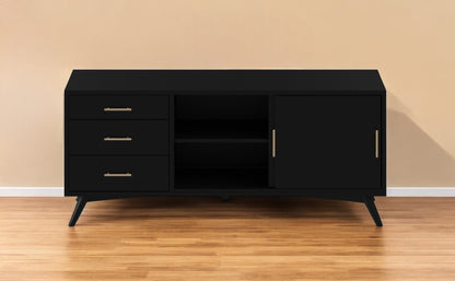 64" Black Mahogany Solid Wood Enclosed and Open Storage TV Stand-0
