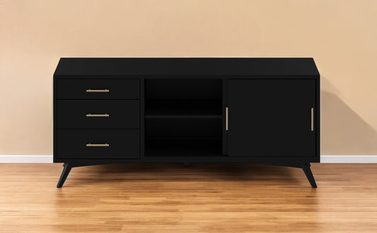 64" Black Mahogany Solid Wood Enclosed and Open Storage TV Stand-0