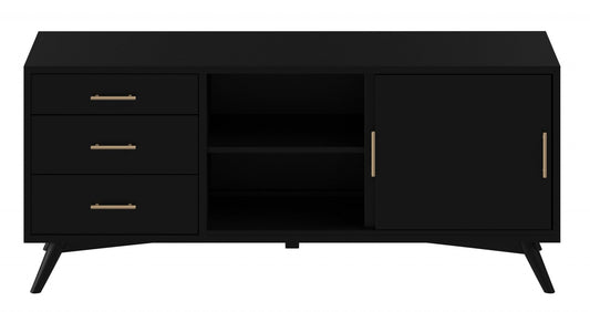 64" Black Mahogany Solid Wood Enclosed and Open Storage TV Stand-1