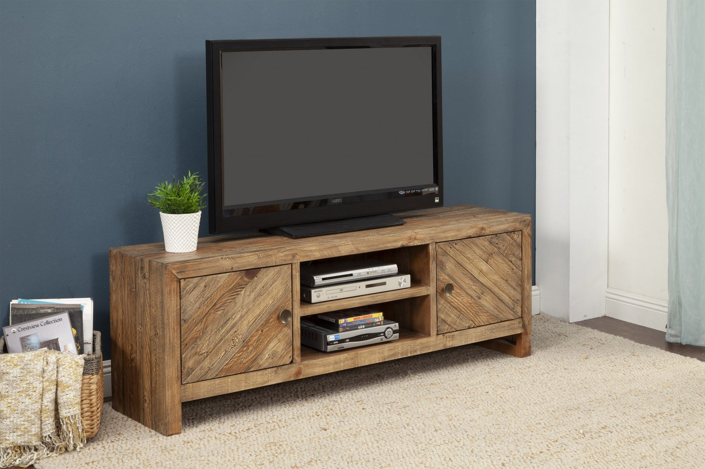 63" Wood Brown Reclaimed Pine And Plywood Open Shelving TV Stand-5