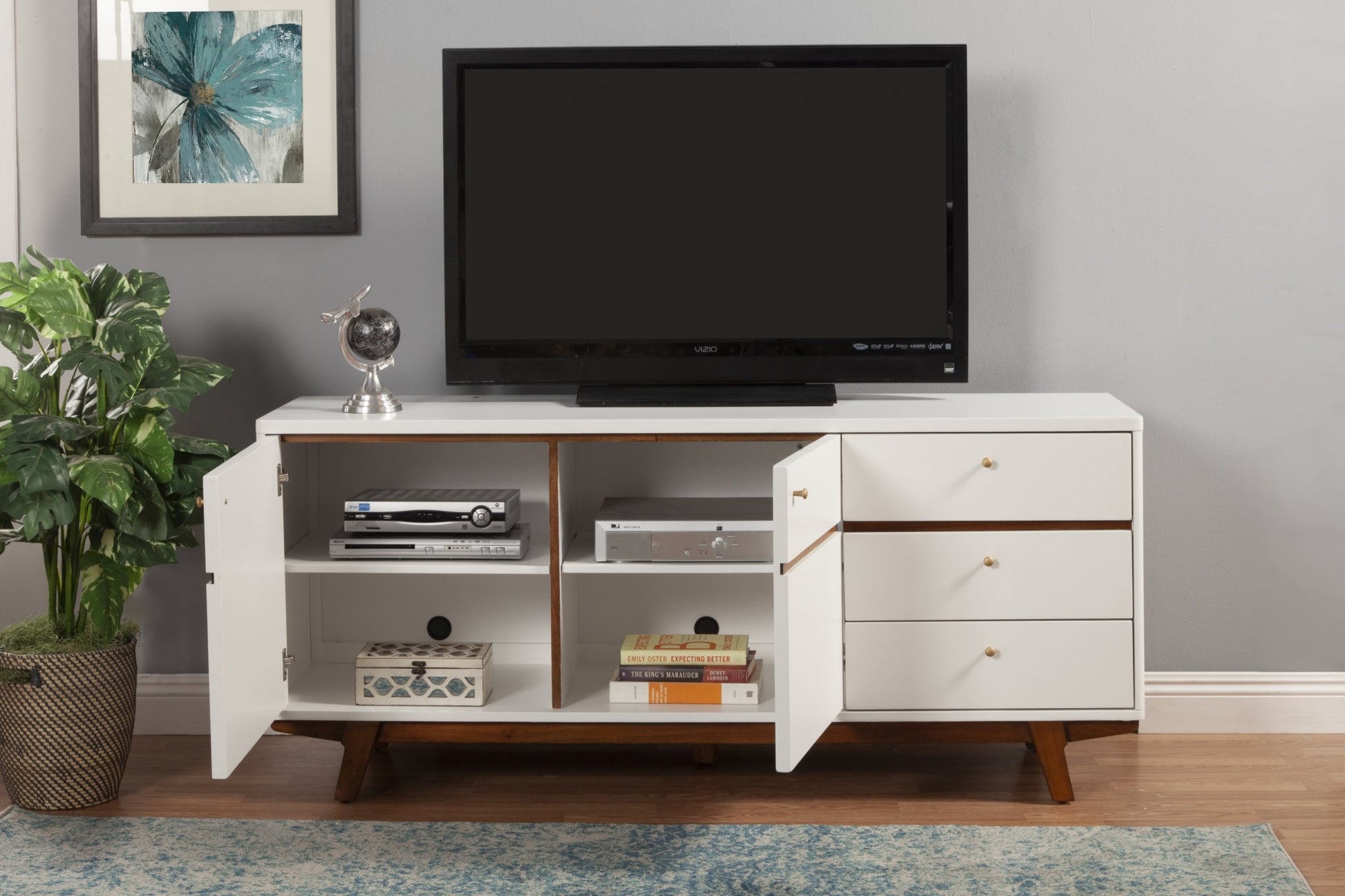 65" White Mahogany Solids And Veneer Cabinet Enclosed Storage TV Stand-6
