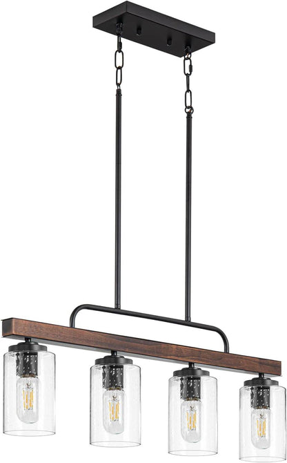Farmhouse Dining Room Light Fixture, 4-Light Wood Kitchen Island Lighting, Industrial Chandeliers for Dining Room over Table Black Pendant Light with Seeded Glass Shade for Bar Restaurant - Loft&Timber