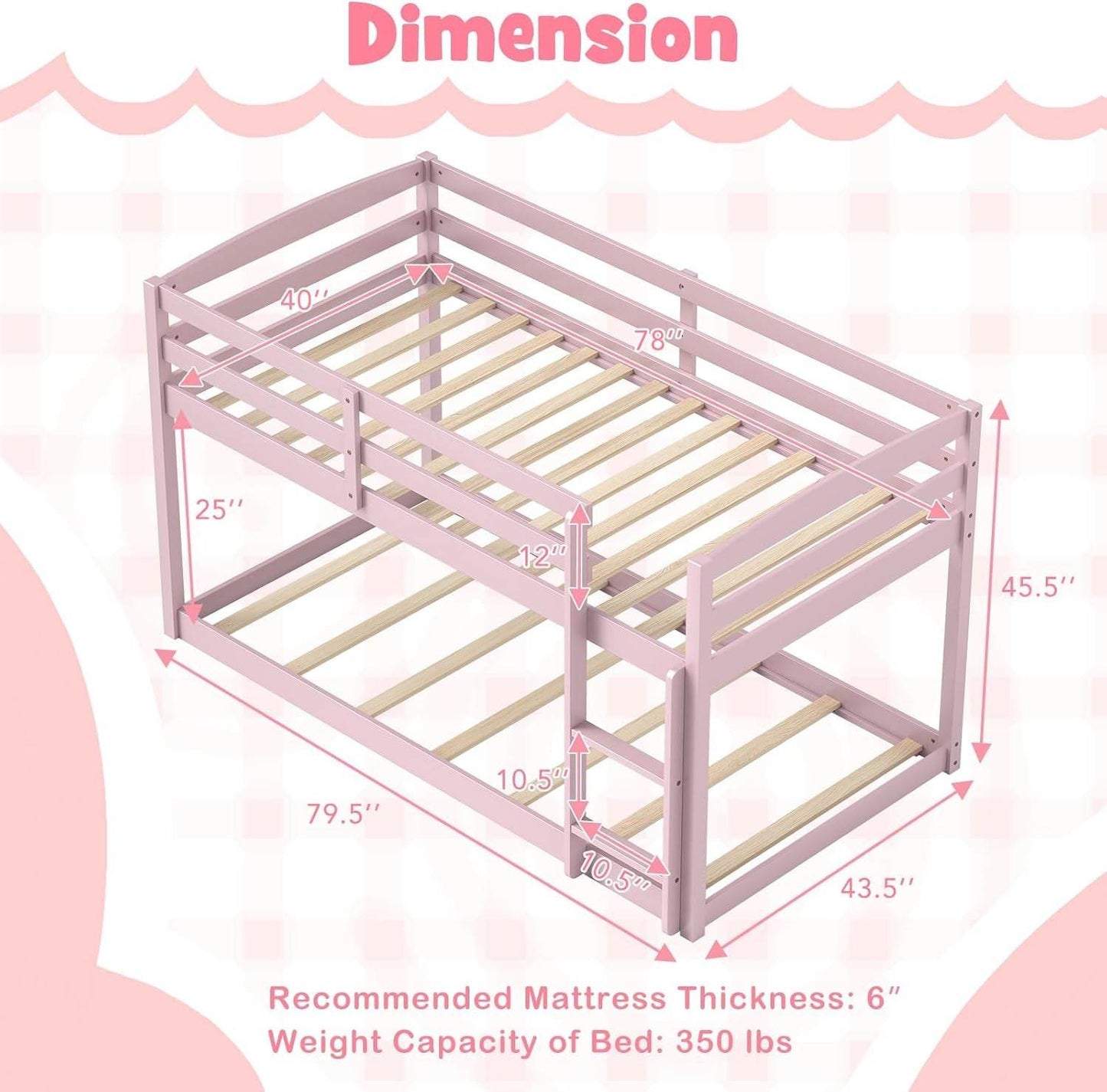 Low Bunk Bed, Solid Wood Bunk Beds Twin over Twin with Ladder, Space Saving Bunkbeds Frame W/Full Guardrails, Twin Floor Bunk Beds for Kids Boys Girls Teens, No Box Spring Needed (Pink) - Loft&Timber