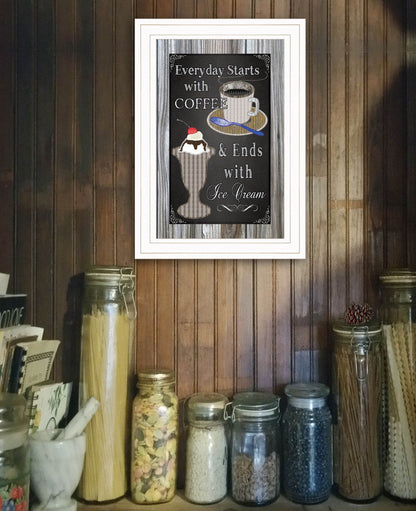 Everyday Starts with Coffee Chalkboard Framed 1 White Framed Print Kitchen Wall Art - Loft&Timber