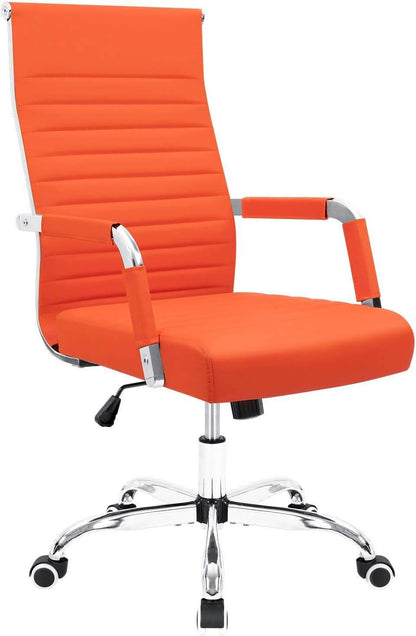 Ribbed Office Desk Chair Mid-Back Leather with Swivel and Arms (Orange) - Loft&Timber