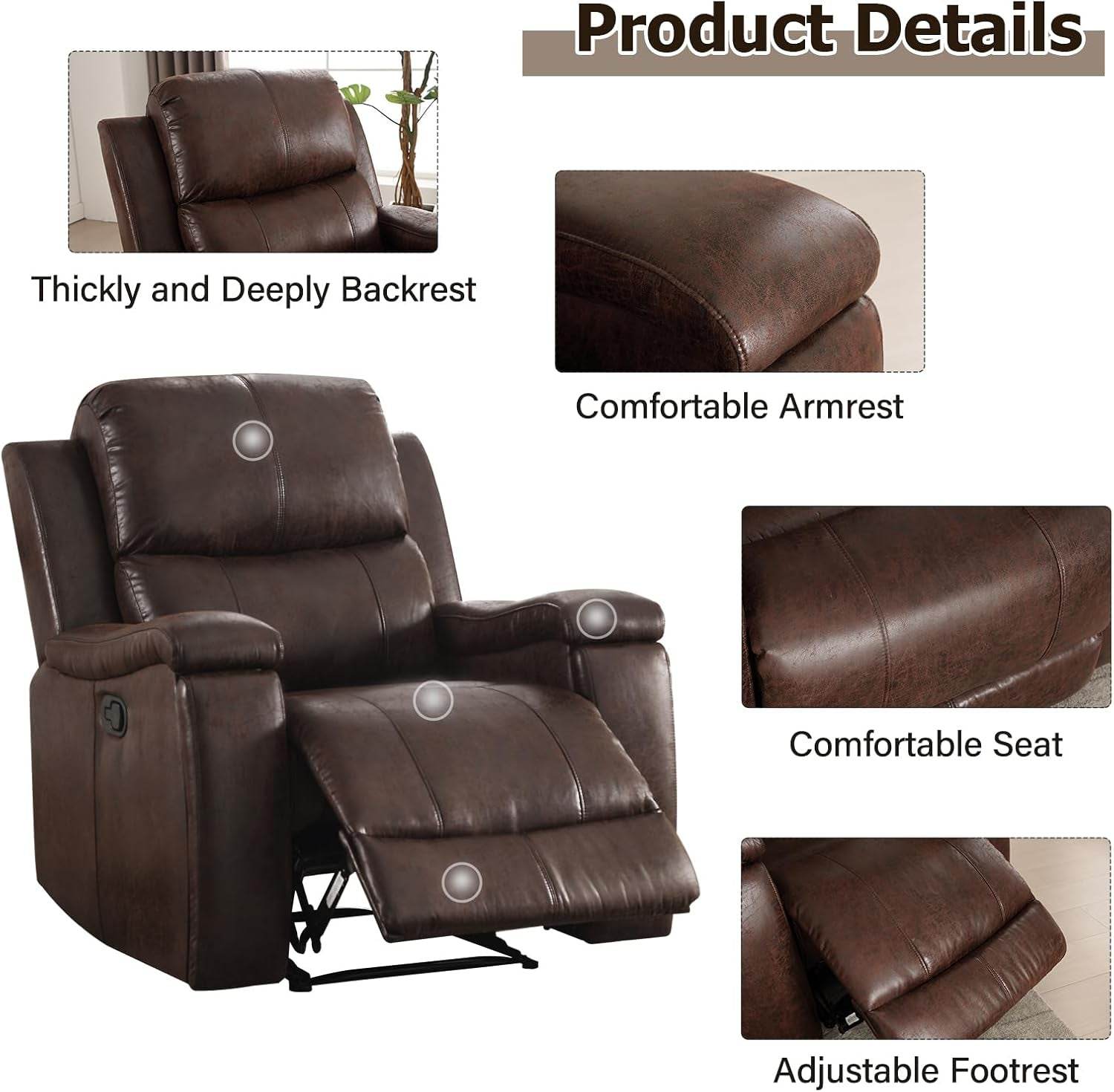 Leather Recliner Chair, Classic and Traditional Manual Recliner Chair with Overstuffed Arms and Back, Manual Single Sofa with Concealed Cup Holders,Red Brown - Loft&Timber
