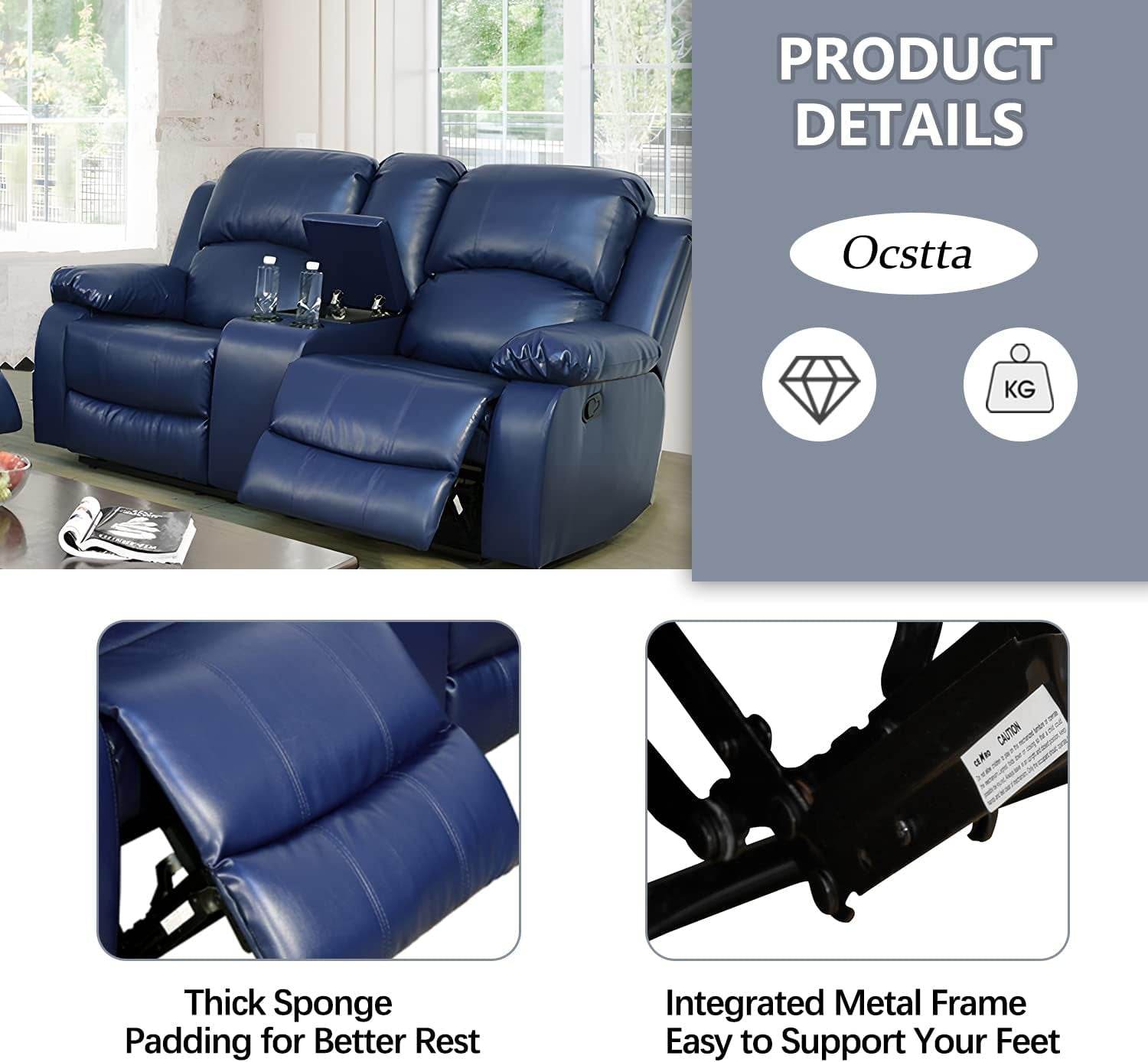 Manual Leather Recliner Sofa Set for Living Room Furniture Set for 3-Pieces(Sofa+Loveseat+Chair) Blue - Loft&Timber