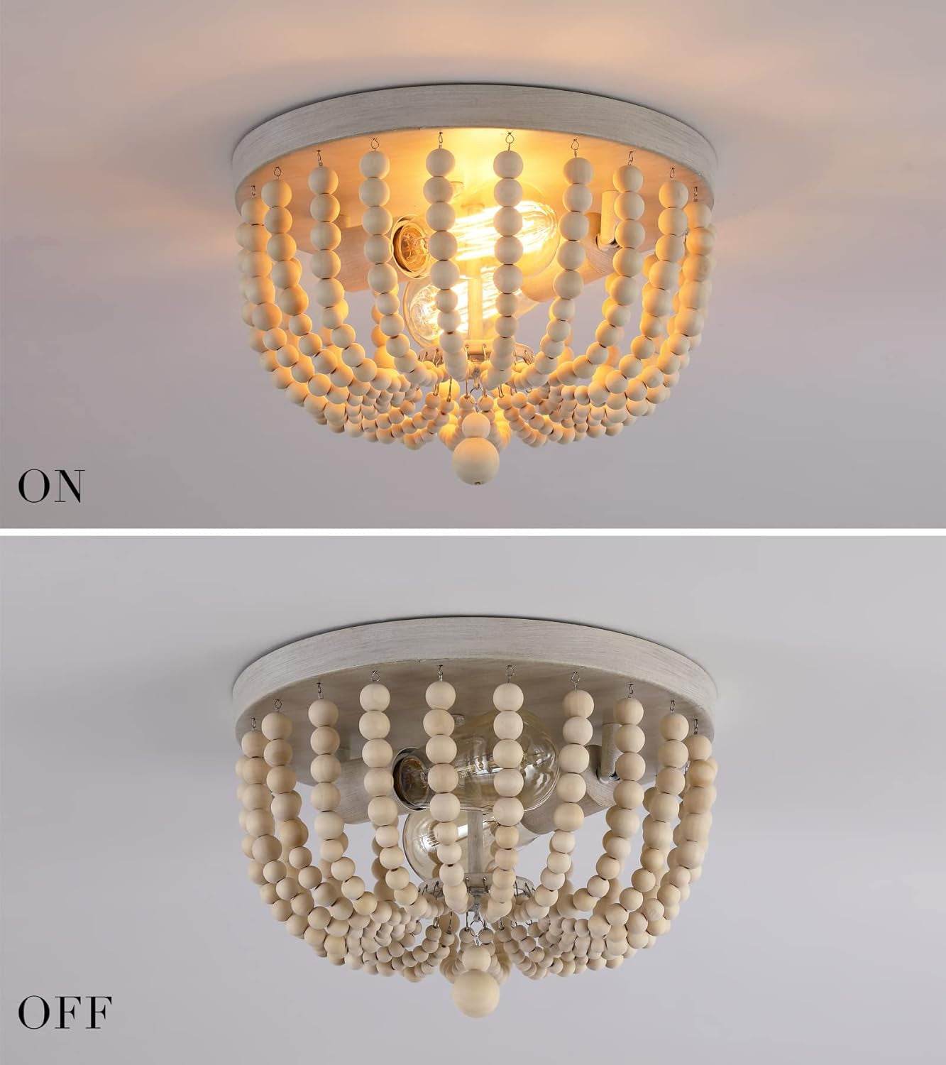Boho Chandelier Wood Beaded Flush Mount Ceiling Light Fixtures for Nursery Baby Bedroom Kitchen Hallway,Oak White Finish,2-Lights - Loft&Timber
