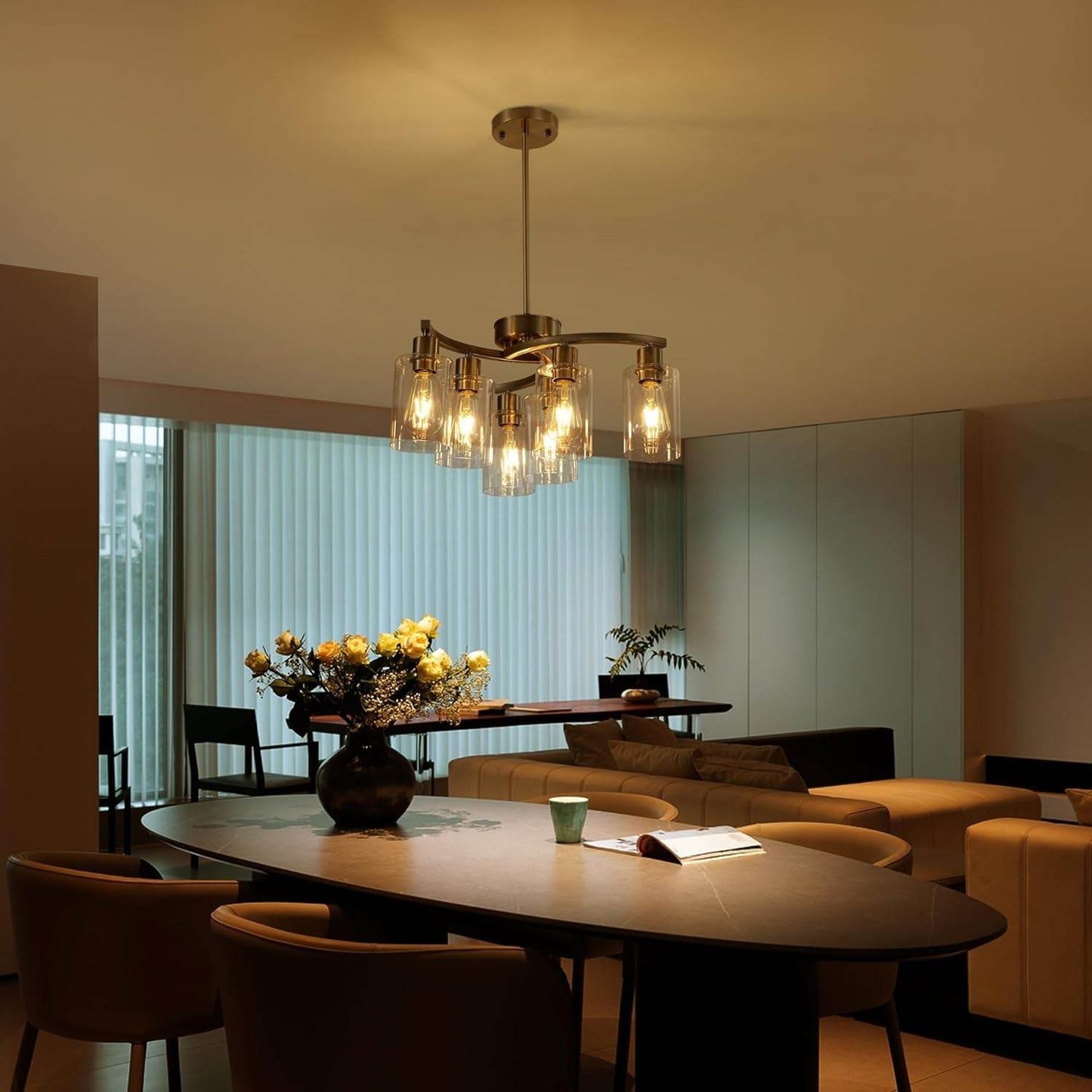 6-Light Brushed Nickel Industrial Glass Chandelier - Loft&Timber