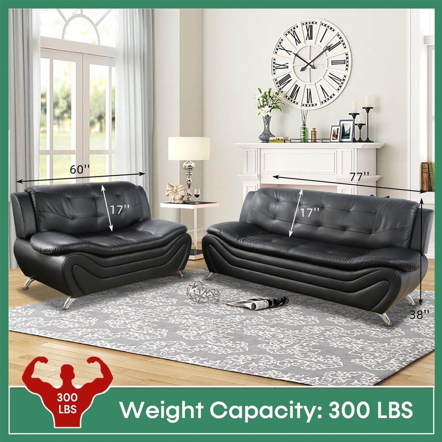 Leather Sofa Set,Leather Sofa Set for Living Room Furniture Sets, Loveseat Sofa with Chair 3-Piece for Living Room/Office/Apartment(Black) - Loft&Timber