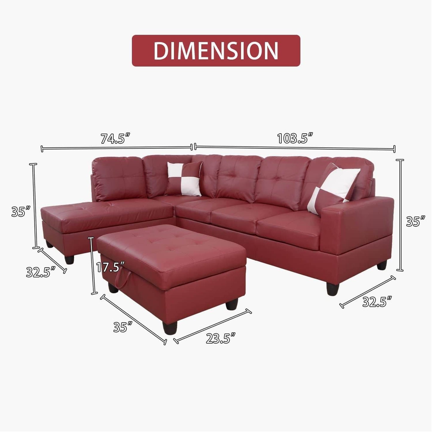 Ponliving Furniture Modern L-Shaped Leather Sectional Sofa Left Hand Facing Red - Loft&Timber