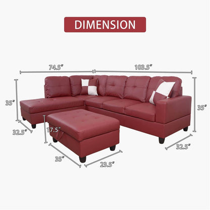 Ponliving Furniture Modern L-Shaped Leather Sectional Sofa Left Hand Facing Red - Loft&Timber