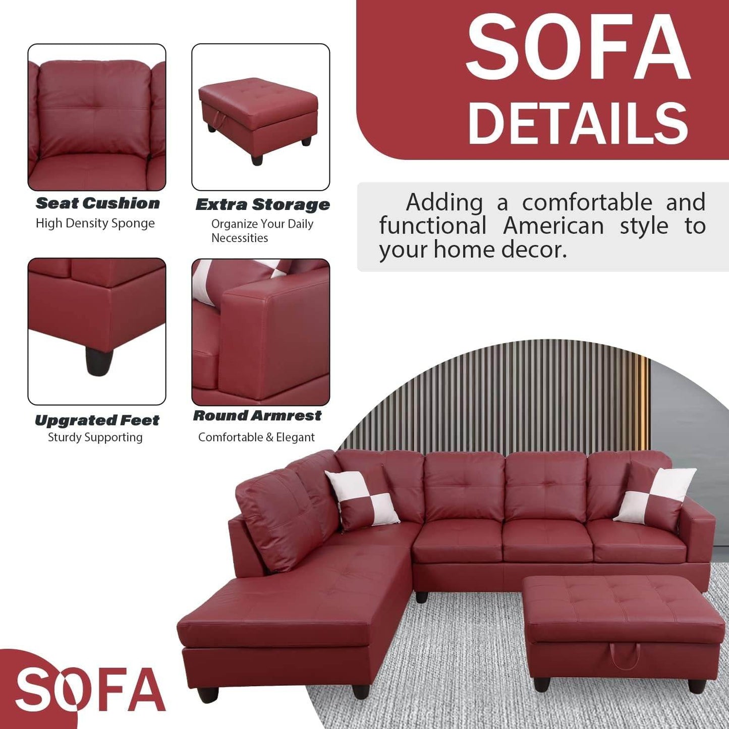 Ponliving Furniture Modern L-Shaped Leather Sectional Sofa Left Hand Facing Red - Loft&Timber