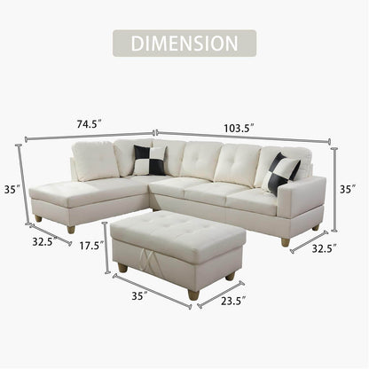 Ponliving Furniture Modern L-Shaped Leather Sectional Sofa Left Hand Facing (White) - Loft&Timber
