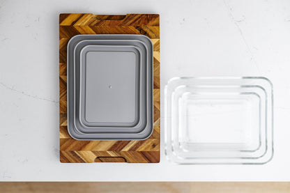 Glass Food Storage Containers - 6 Piece (3 Containers + 3 Lids) Rectangular Nesting Space-Saving Set - Loft&Timber