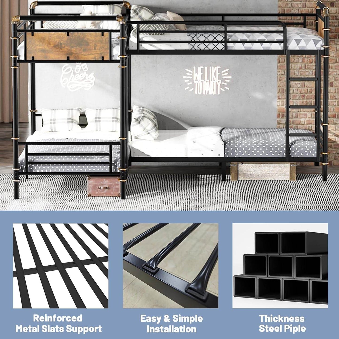 Quad Bunk Bed, Heavy Duty Metal 4 Bunk Beds for Kids with Ladders, Detachable Industrial L-Shaped Bunk Beds, Space Saving Design,Can Be Divided into 3 Twin Beds, Black - Loft&Timber