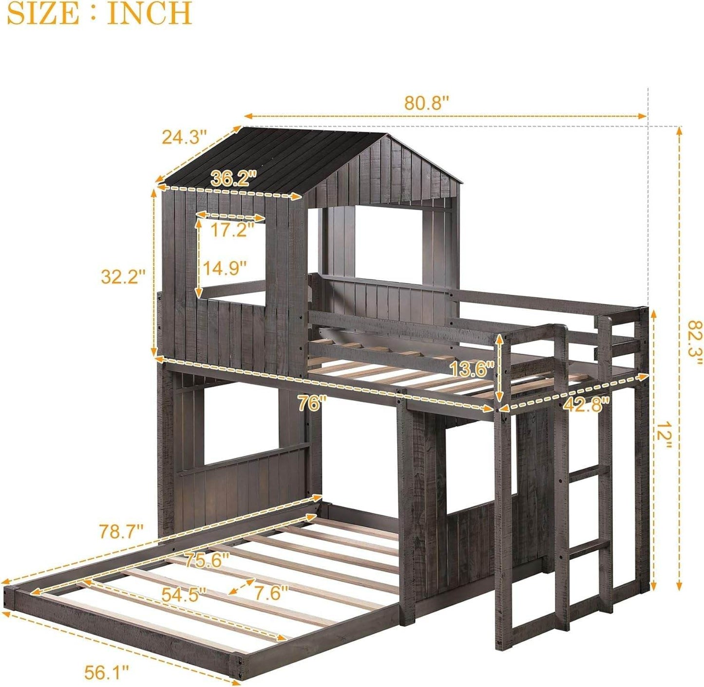 House Bunk Beds Twin over Full Size, Wood Bunk Beds with Roof and Window (Distressed Grey, Twin over Full) - Loft&Timber