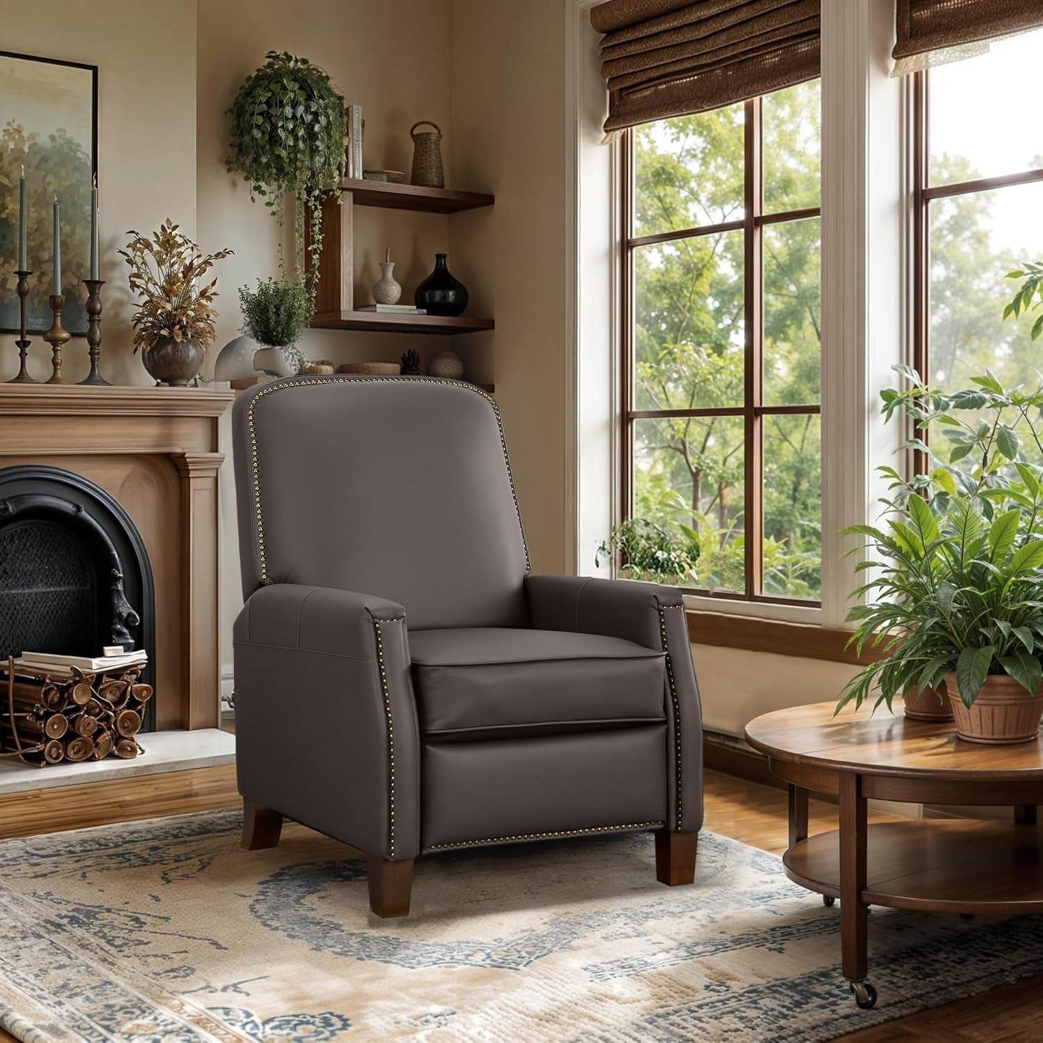 Recliner Chair, Mid-Century Modern Pushback in Saddle Brown - Loft&Timber