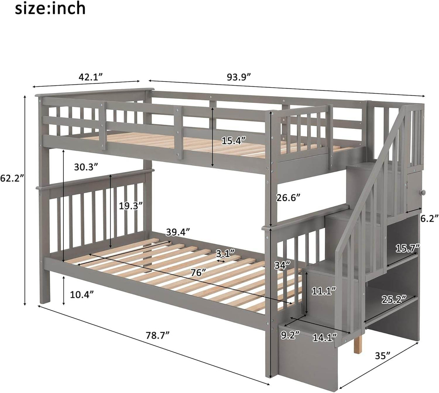 Bunk Beds Twin over Twin with Stairs, Wood Bunk Bed Frame with Storage and Guard Rail,Twin Bunk Beds for Kids, Bedroom, Dorm, Teens, Adults,Grey - Loft&Timber