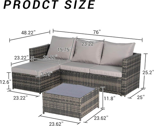 3 Pieces Patio Furniture Set All-Weather Outdoor Wicker Sectional Conversation Sofa Rattan Patio Sofa W/Cushion & Glass Table,Patio Conversation Set,Backyard Furniture for Porch (Light Gray) - Loft&Timber