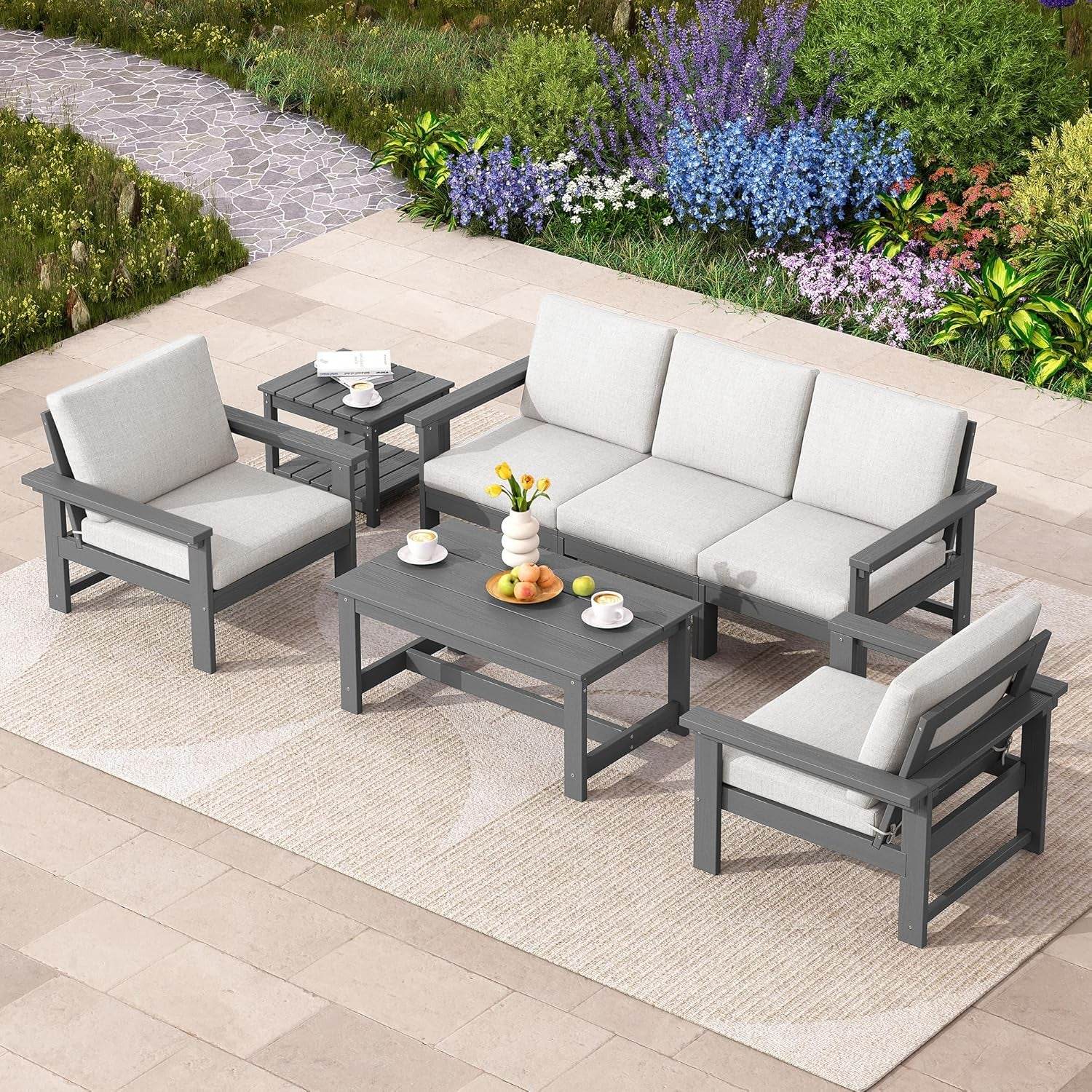 HDPE Outdoor Patio Furniture Set, 7-Piece Outdoor Sectional Patio Conversation Set, All Weather Outdoor Couch Set Patio Sofa Set for Deck, Lawn, Grey Frame with Khaki Cushion - Loft&Timber
