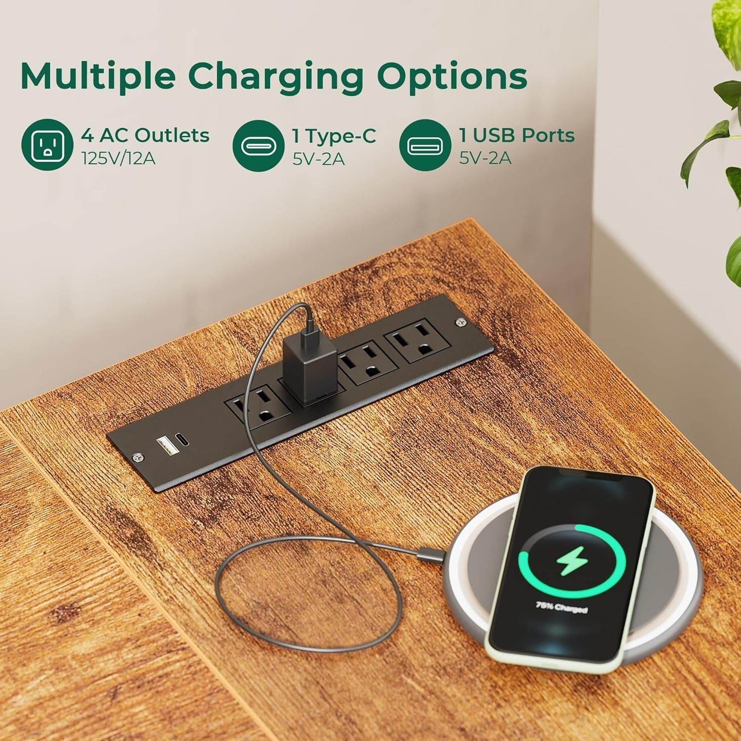 L Shaped Desk with Power Outlets in Rustic Brown - Loft&Timber