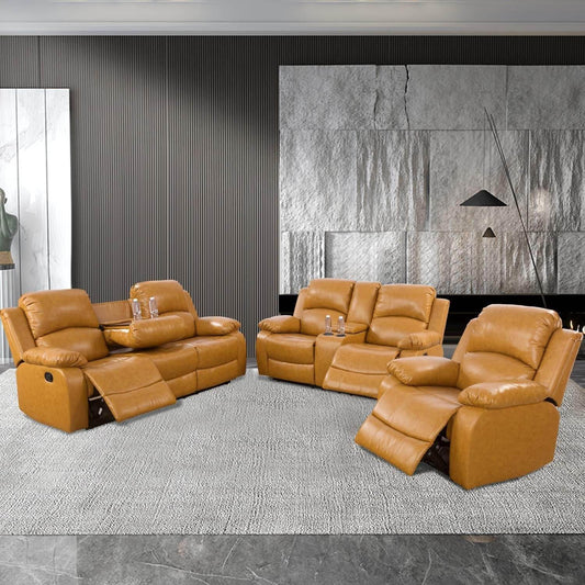 Manual Leather Recliner Sofa Set in Ginger, Sofa+Lovsesat+Chair - Loft&Timber