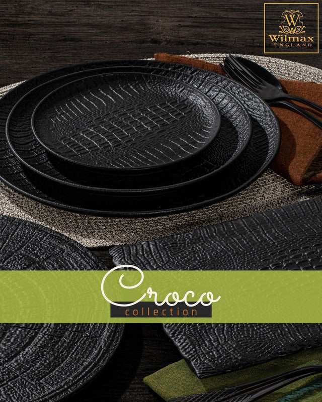 Black Porcelain Slate look Round Plate / Platter With Crocodile Skin Texture 13" inch | 33 Cm - Loft&Timber