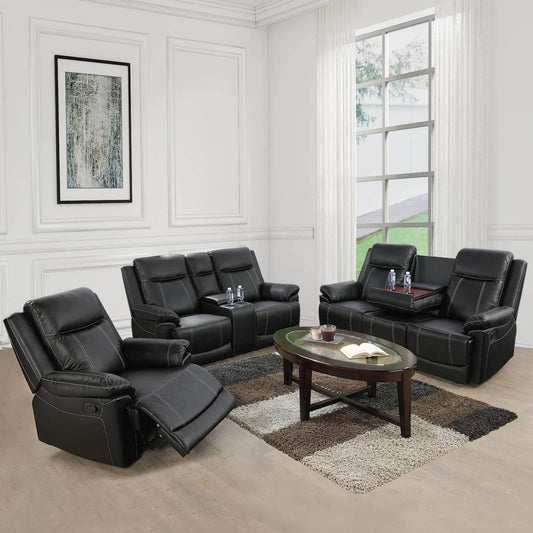 Manual Recliner Sofa Set, Bonded Leather in Black - Loft&Timber