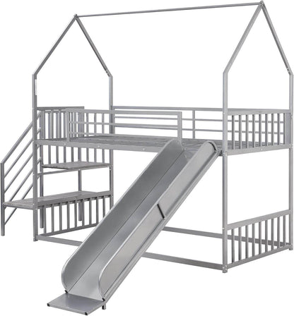 Twin over Twin Bunk Bed with Slide and Storage Stairs, Heavy Duty Bunk Bed/House Bunk Bed Twin over Twin, Twin Floor Bunk Beds for Kids, Girls, Boys(Twin over Twin Sliver) - Loft&Timber
