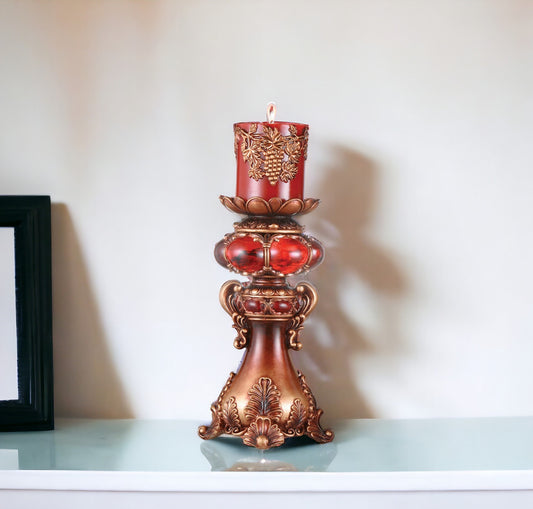 16" Tall Red and Brown Faux Marble Candle Holder with Candle - Loft&Timber