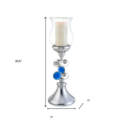 21" Silver and Blue Faux Crystal Bling Hurricane Candle Holder - Loft&Timber