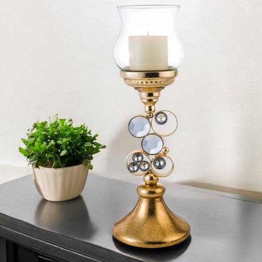 18" Gold and Faux Crystal Bling Tabletop Hurricane Candle Holder - Loft&Timber