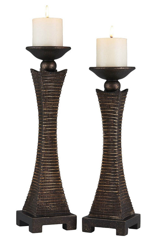 Set of Two Bronze Polyresin Woven Tabletop Pillar Candle Holders With Candle - Loft&Timber