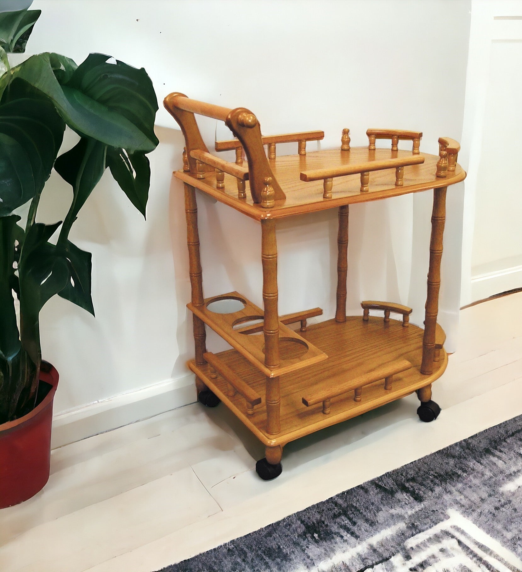 24" Oak Wood Rolling Bar Cart With Wine Storage - Loft&Timber