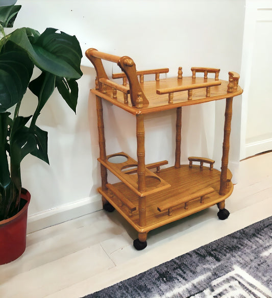 24" Oak Wood Rolling Bar Cart With Wine Storage - Loft&Timber