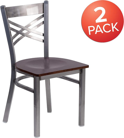 2 Pack Hercules Series Clear Coated X Back Metal Dining Chair Walnut Wood Seat-2