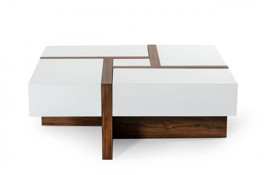 39" Brown and White Wood Square Solid Coffee Table With Four Drawers - Loft&Timber