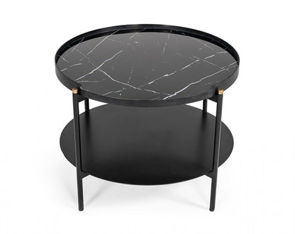 24" Black Faux Marble And Metal Round Coffee Table With Shelf - Loft&Timber
