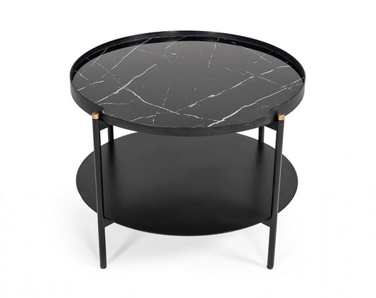 24" Black Faux Marble And Metal Round Coffee Table With Shelf - Loft&Timber