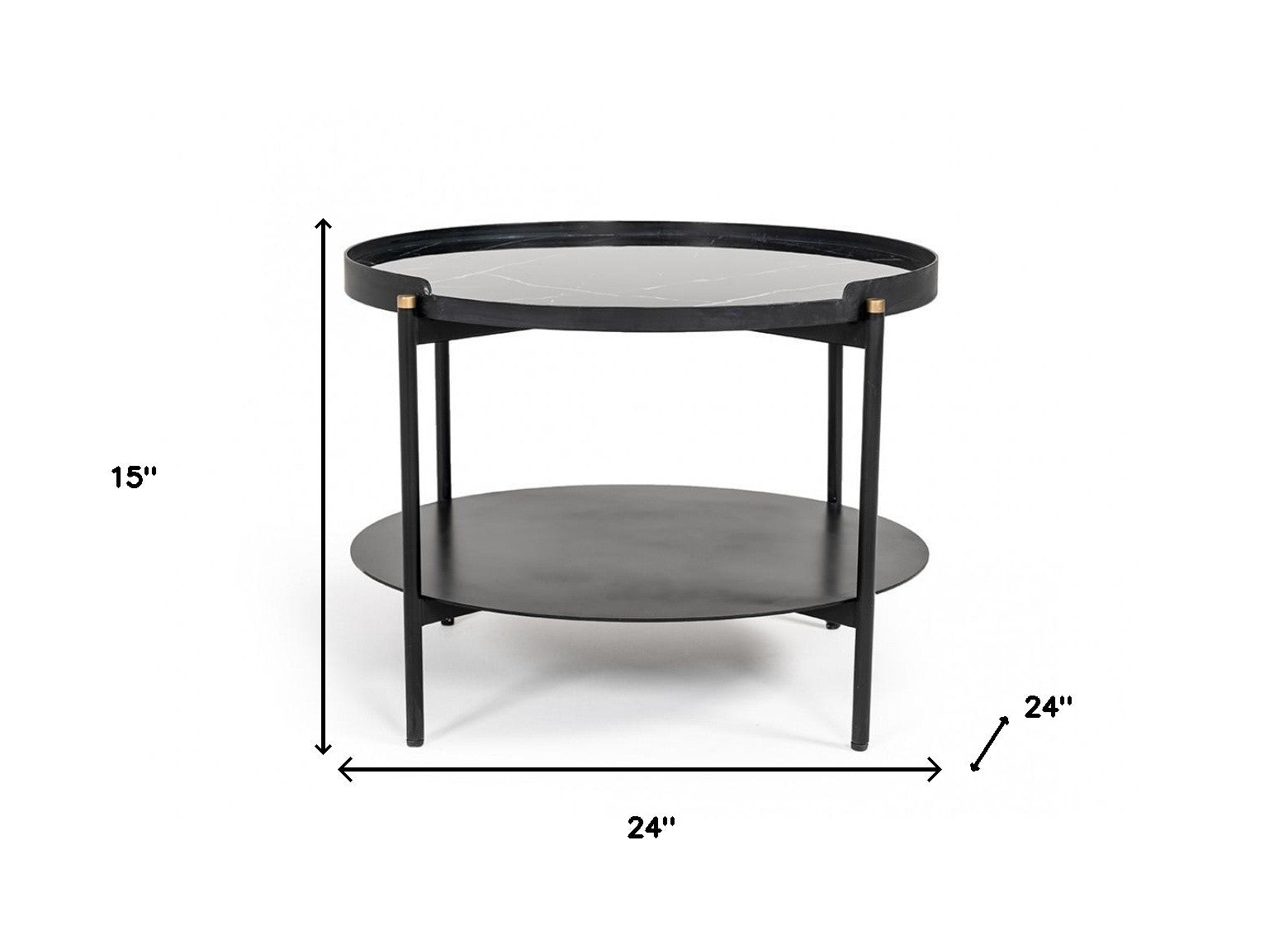 24" Black Faux Marble And Metal Round Coffee Table With Shelf - Loft&Timber