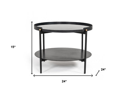 24" Black Faux Marble And Metal Round Coffee Table With Shelf - Loft&Timber