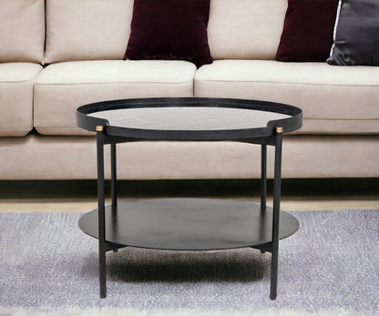 24" Black Faux Marble And Metal Round Coffee Table With Shelf - Loft&Timber