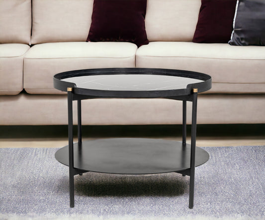 24" Black Faux Marble And Metal Round Coffee Table With Shelf - Loft&Timber