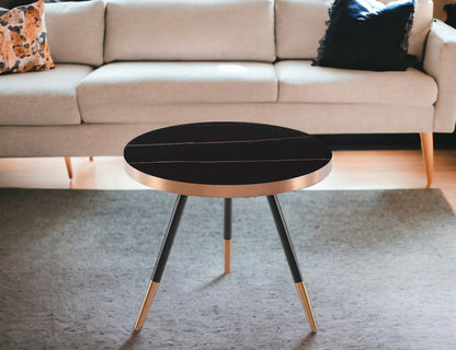 20" Black and Gold Faux Marble And Metal Round Coffee Table - Loft&Timber