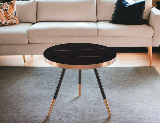 20" Black and Gold Faux Marble And Metal Round Coffee Table - Loft&Timber